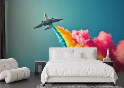 A jet flying in the sky releasing coloroful smokes in abstract pattern, the concept of unleashing creativity Wall mural