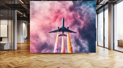 A jet flying in the sky releasing coloroful smokes in abstract pattern, the concept of unleashing creativity Wall mural