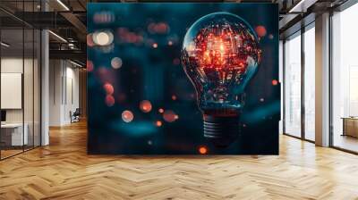 A lightbulb filled with a city at night, with lights turning on and off, representing the constant flow of thoughts and ideas in an urban environment. Wall mural