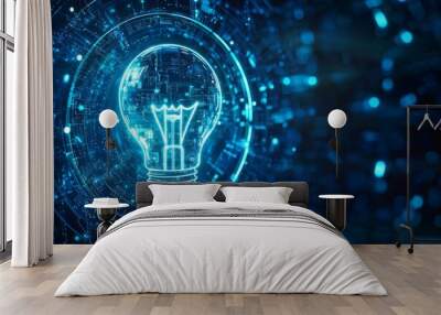 A lightbulb icon surrounded by circular frame on a blue digital background , concept of innovative technology  Wall mural