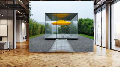 A minimalistic pavilion made of grey steel and glass, set against a grey gravel path, showcases a bright yellow umbrella propped open Wall mural