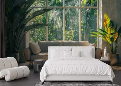 A modern living room with a sleek grey sofa, a large houseplant, and floor-to-ceiling windows.  Wall mural