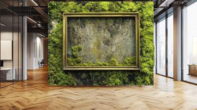 A moss-covered stone background with an antique brass frame, the empty middle creating a contrast with the organic texture  Wall mural