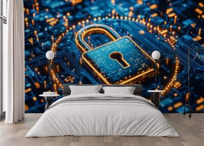 A padlock icon surrounded by circular frame on a blue digital background , concept of cyber security  Wall mural