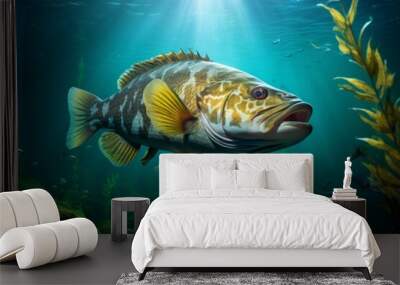 A peacock bass fish swimming underwater Wall mural