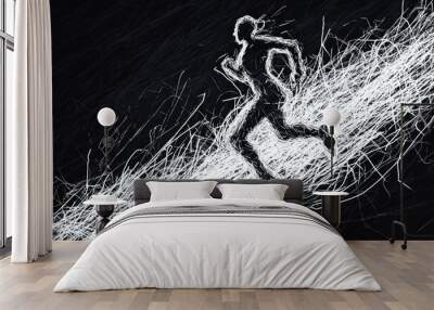 A person running on a track in white scribble style Wall mural