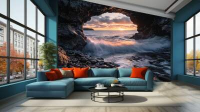 A rocky beach with an arch during sunrise Wall mural