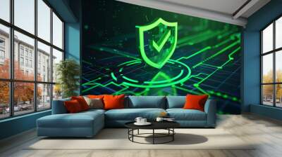 A shield icon with a green tick on a digital background Wall mural