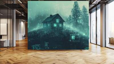 A small house with digital technology background, surreal landscape style  Wall mural