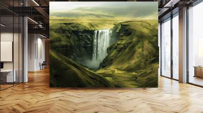 A waterfall flowing from a green landscape into a canyon Wall mural