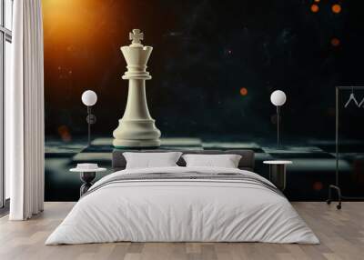 A white chess king standing on a dark chessboard in dramatic lighting.  Wall mural