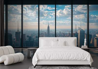 A window in a modern skyscraper office, with a bustling financial district below.  Wall mural