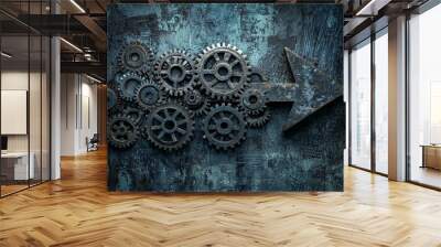 An arrow icon made of interlocking gears, pointing forward on a mechanical background, symbolizing industrial movement.  Wall mural