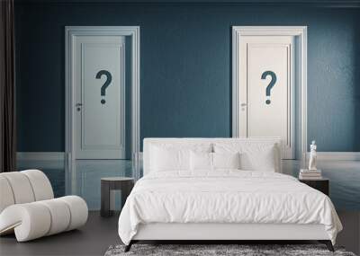 An empty room with 2 closed doors that are labelled with a question mark icon, the concept of making a decision  Wall mural