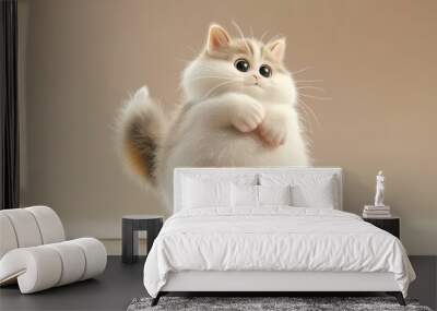 An isolated chubby cute fluffy cat with a fat belly, standing on two legs. In a 3D cute cartoon style  Wall mural