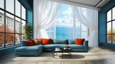 An open window with billowing white curtains, overlooking a serene ocean landscape.  Wall mural