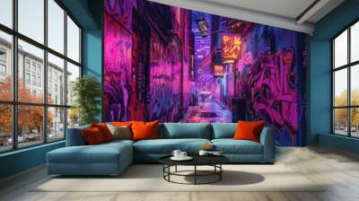 An urban alleyway covered in neon graffiti, with vibrant, street art.  Wall mural