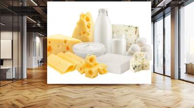 Dairy products, Milk, sour cream, cheese, mozzarella, yogurt, isolated on white background, full depth of field Wall mural