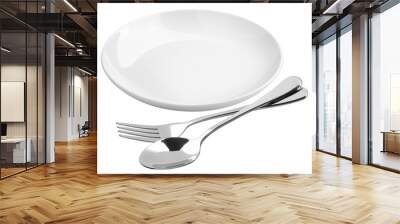 Empty plate, Spoon, fork, knife, white background, isolated, top view Wall mural