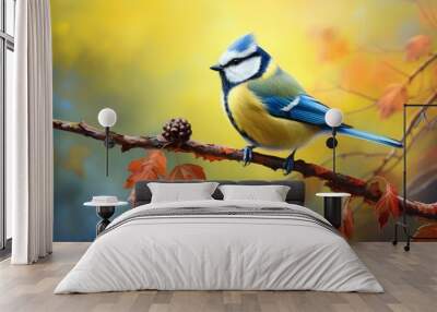 Eurasian blue tit bird at tree branch Wall mural