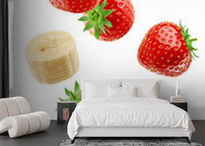 Falling Banana and Strawberry isolated on white background, full depth of field Wall mural