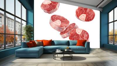 Falling beef shank, osso bucco steak, isolated on white background, full depth of field, clipping path Wall mural