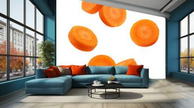 Falling Carrot slice isolated on white background, full depth of field Wall mural