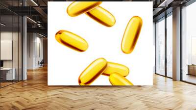 Falling Fish oil pill, omega 3, isolated on white background, full depth of field Wall mural