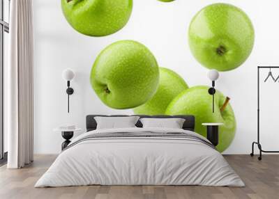 Falling green juicy apple isolated on white background, clipping path, full depth of field Wall mural