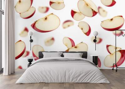 Falling Red apple slice isolated on white background, selective focus Wall mural