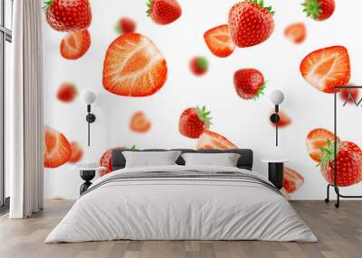 Falling strawberry isolated on white background, selective focus Wall mural