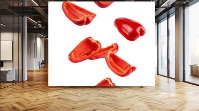 Falling sweet Pepper slice, Paprika, isolated on white background, full depth of field Wall mural