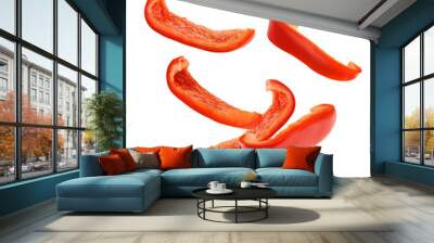 Falling sweet pepper slices, paprika, isolated on white background, clipping path, full depth of field Wall mural