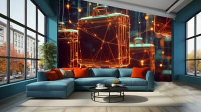 Floating briefcases connected by a web of glowing lines, forming an abstract business network. Wall mural