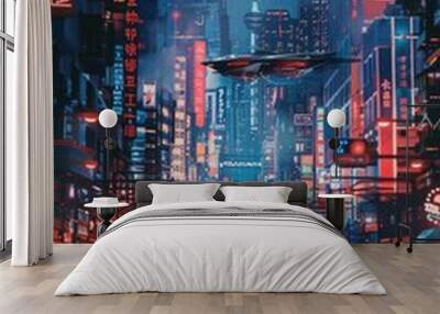 Futuristic Cityscape with sleek skyscrapers, neon signs, and flying cars. A city street, illuminated by the glow of futuristic technology Wall mural