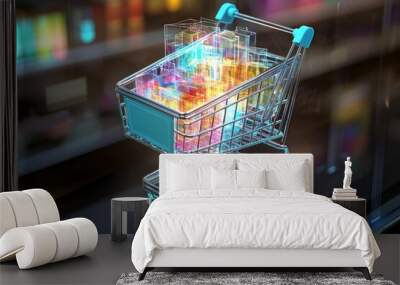 Futuristic Commerce: A shopping cart filled with colorful holographic items, representing the future of e-commerce.  Wall mural