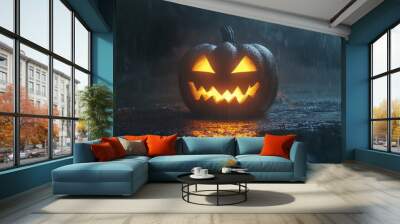 Halloween pumpkin with a carved face glowing on a dark background Wall mural