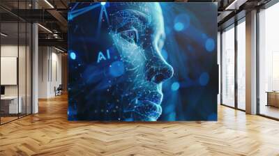 Holograph digital human figure face on a blue digital background Wall mural