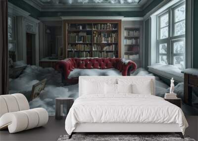 Snow inside a house living room, everything are covered by snow, extremely cold, imagination, empty with nobody  Wall mural