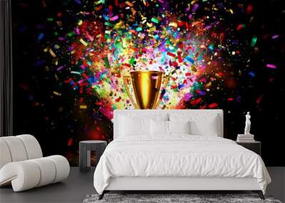 Success Explosion: A glowing trophy or medal with colorful confetti exploding around it, conveying celebration and accomplishment. Wall mural