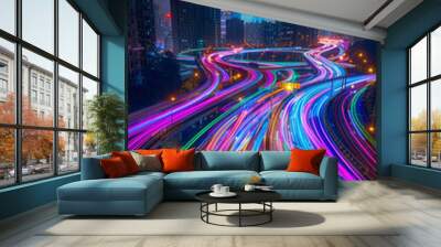 Two parallel expressways cutting through the cityscape, stretching into the distance. Rather than traditional vehicle lights, the expressways are illuminated with vibrant, swirling lights Wall mural