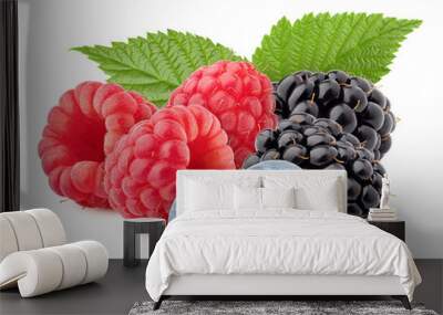 wild berries mix, raspberry, blueberries, blackberries isolated on white background, clipping path,  Wall mural