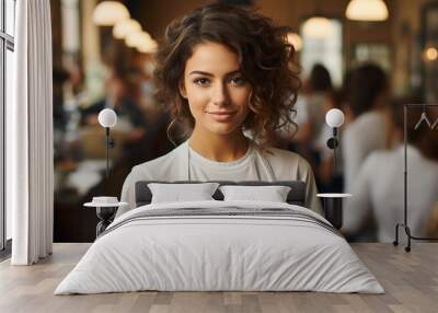 A confident young woman, smiling, standing in a coffee shop generated by AI Wall mural