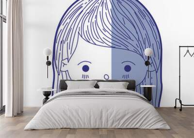 blue shading silhouette of kawaii head little girl with straight hair and facial expression surprised vector illustration Wall mural