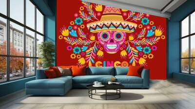 cinco de mayo card with skull and hat Wall mural