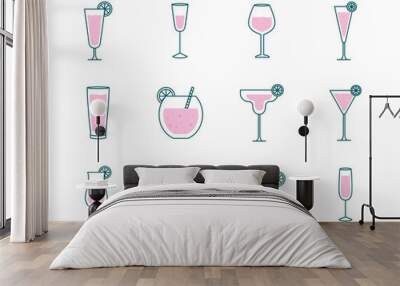 Cocktails glasses cups line and fill style set icons design, Alcohol drink bar and beverage theme Vector illustration Wall mural