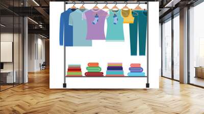 colorful silhouette of clothes rack with t-shirts and pants on hangers and fold clothes on bottom Wall mural