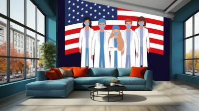 Coronavirus 2019 nCov women men doctors with masks uniforms and usa flag vector design Wall mural