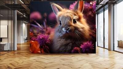 Cute small rabbit sitting in grass, fluffy fur, looking generated by AI Wall mural