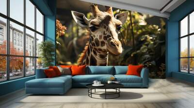 Giraffe standing tall, gazing at camera, in African wilderness generated by AI Wall mural